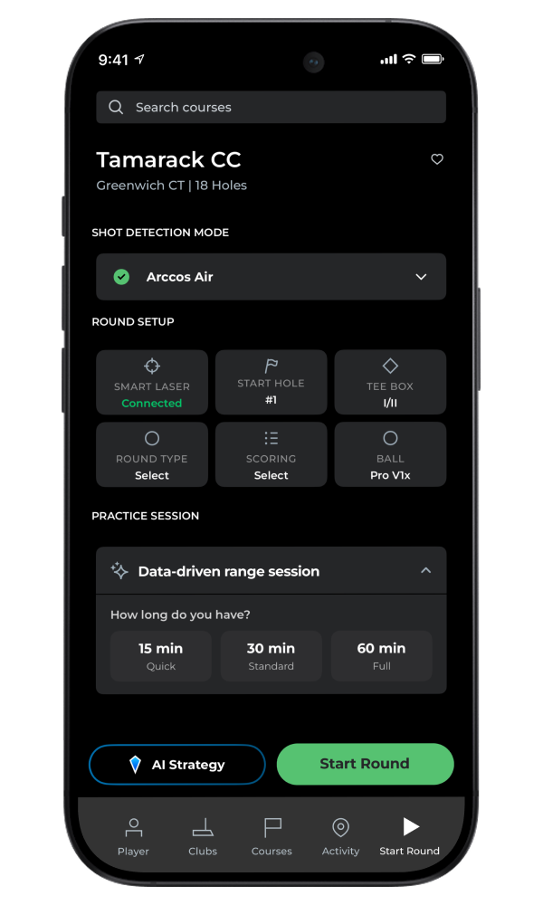Arccos app Start Round screen with Smart Laser connected