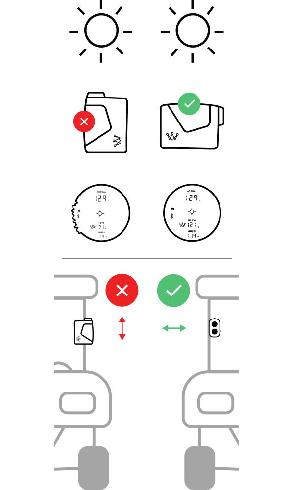Do's and don'ts reference icons for brightness, storage case, display care, and carrying orientation