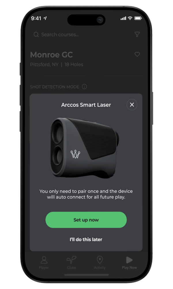 Arccos app prompting to set up the Smart Laser