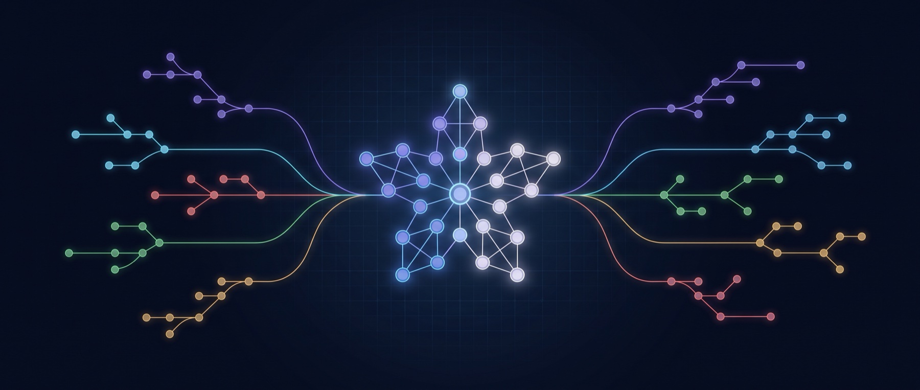 A luminous aster-shaped constellation connecting many project nodes into one dependency-ordered build