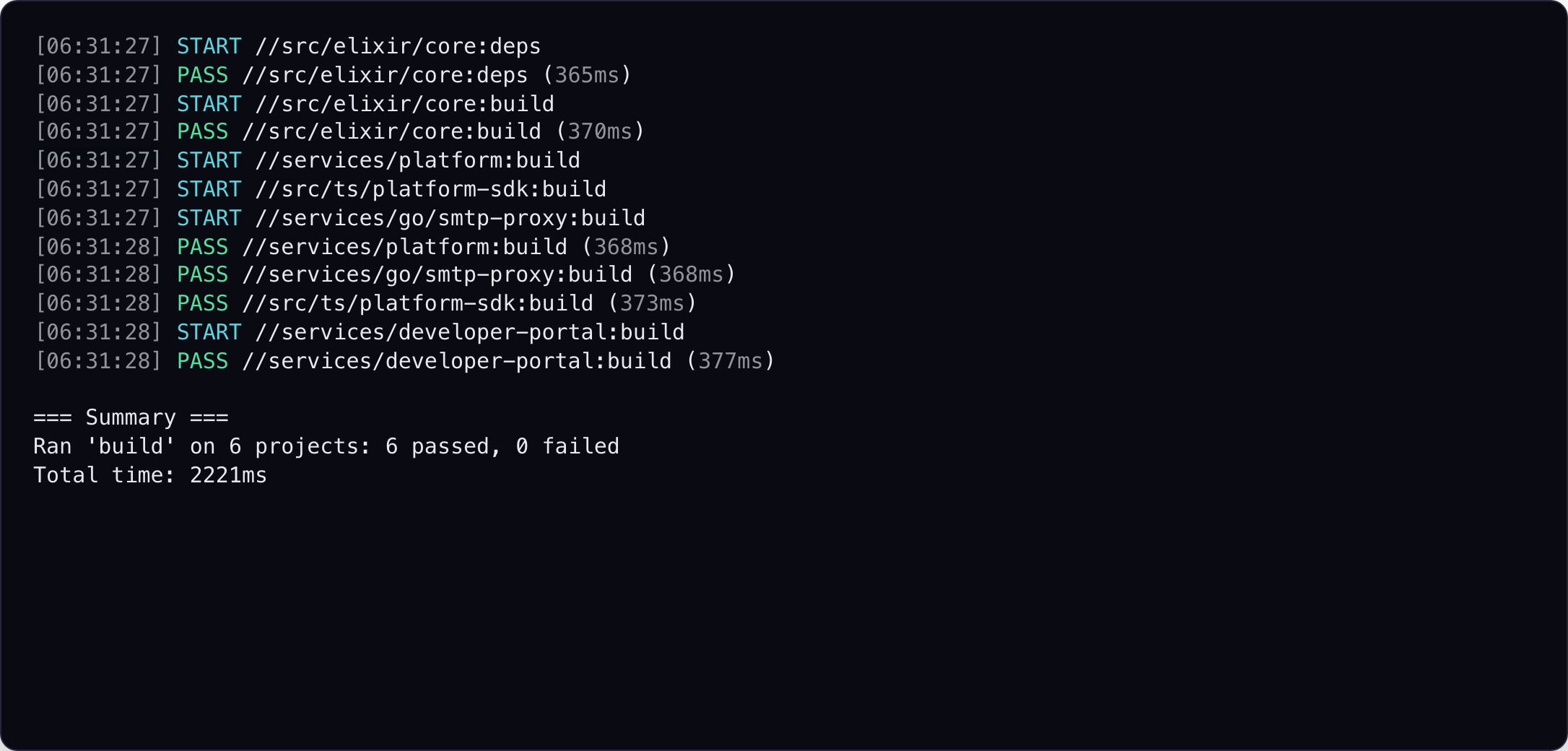 Aster completing a dependency-ordered FirstLanding build across Elixir, TypeScript, and Go projects