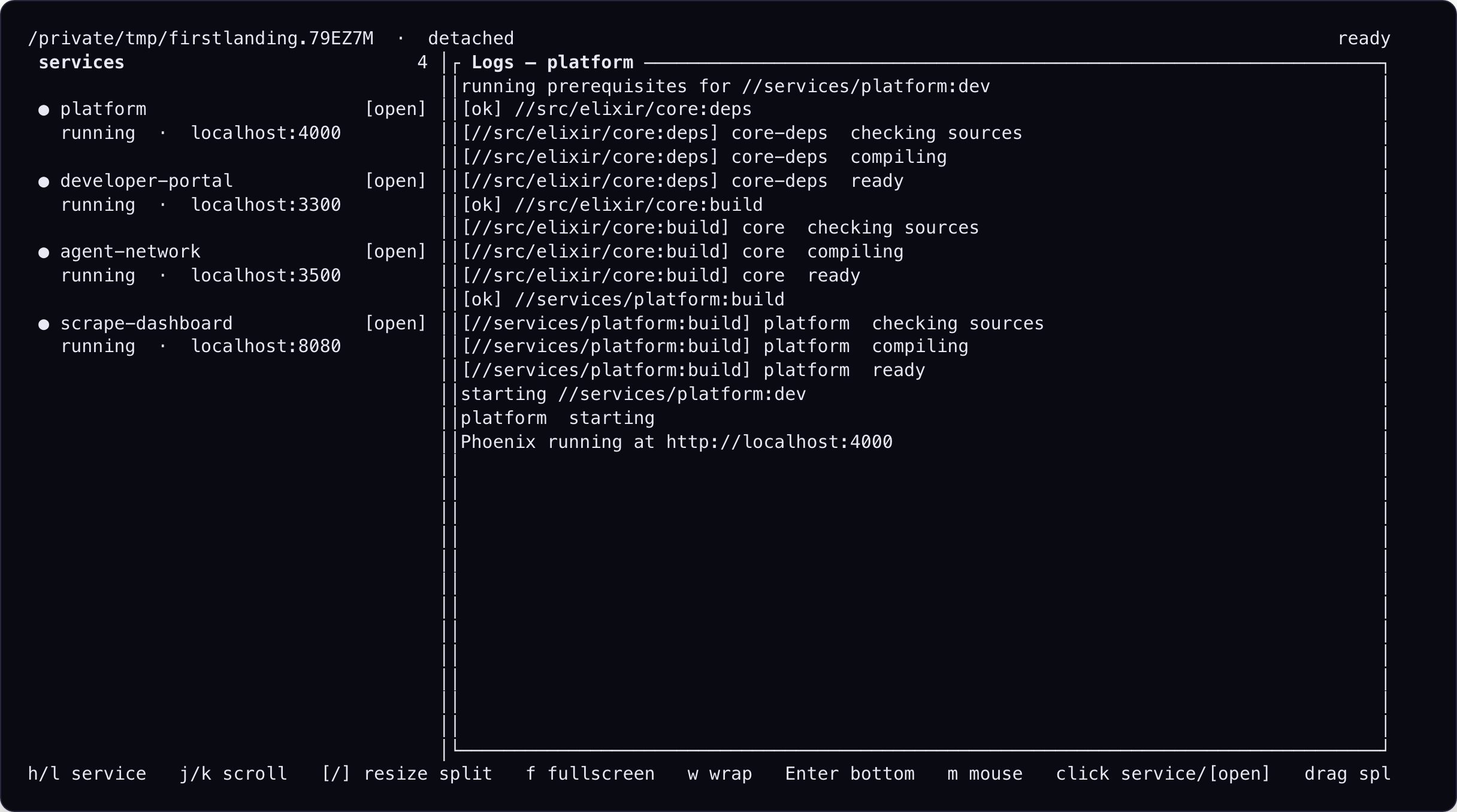Aster supervising four FirstLanding development services with the platform log selected