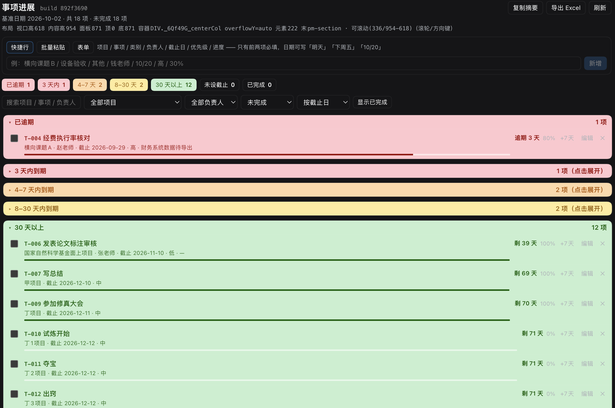 事项进展面板：红橙黄绿分级预警 + 快捷录入 + 每日摘要