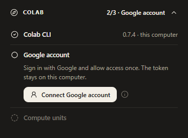 The Colab section, waiting for the Google sign-in