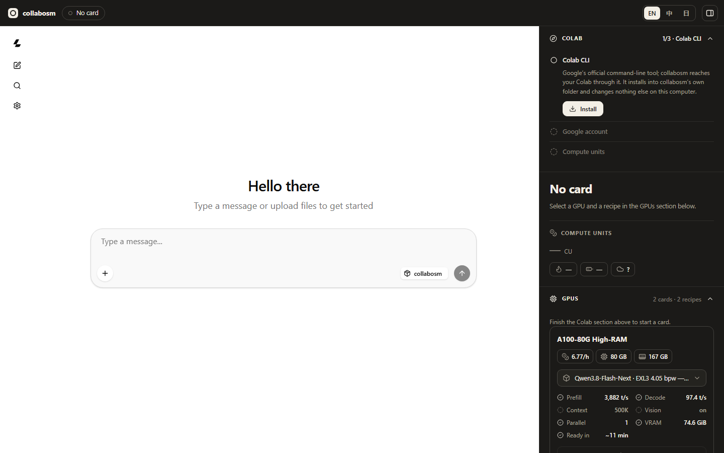 The collabosm app: the chat on the left, the control panel on the right