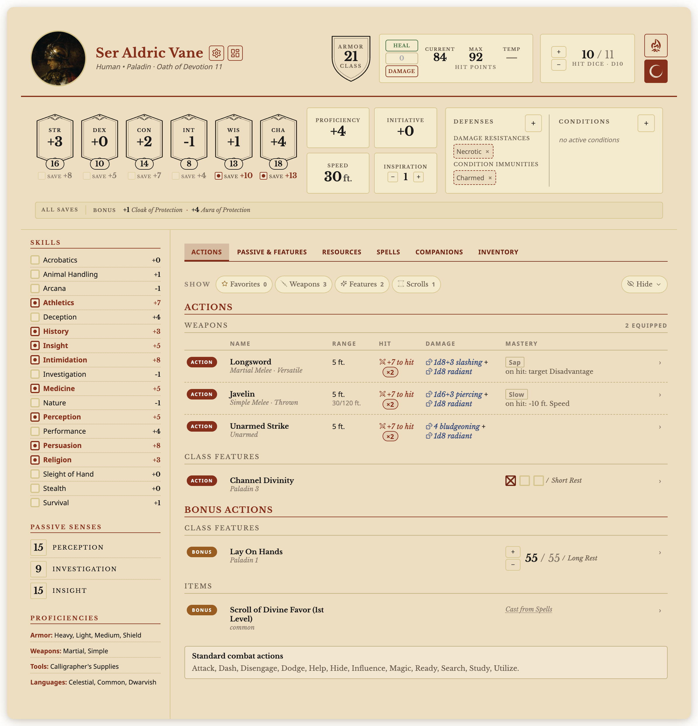 The character sheet of Ser Aldric Vane, a level 11 Human Paladin with a painted portrait: Armor Class 21, hit points, Hit Dice, the Short Rest and Long Rest buttons, the six abilities with their saves, resistances, the skills list, and the Actions tab with weapons, weapon masteries and class features.