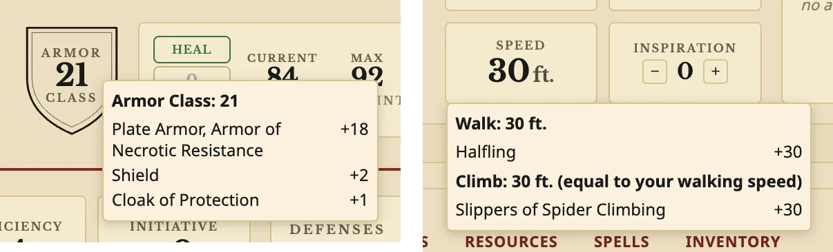 Archivist GG screenshot — Hovering Armor Class and Speed on the sheet. Armor Class 21 adds up Plate Armor (Armor of Necrotic Resistance) +18, Shield +2 and Cloak of Protection +1. Speed shows a walking speed of 30 ft. from Halfling and a climbing speed of 30 ft. from Slippers of Spider Climbing.