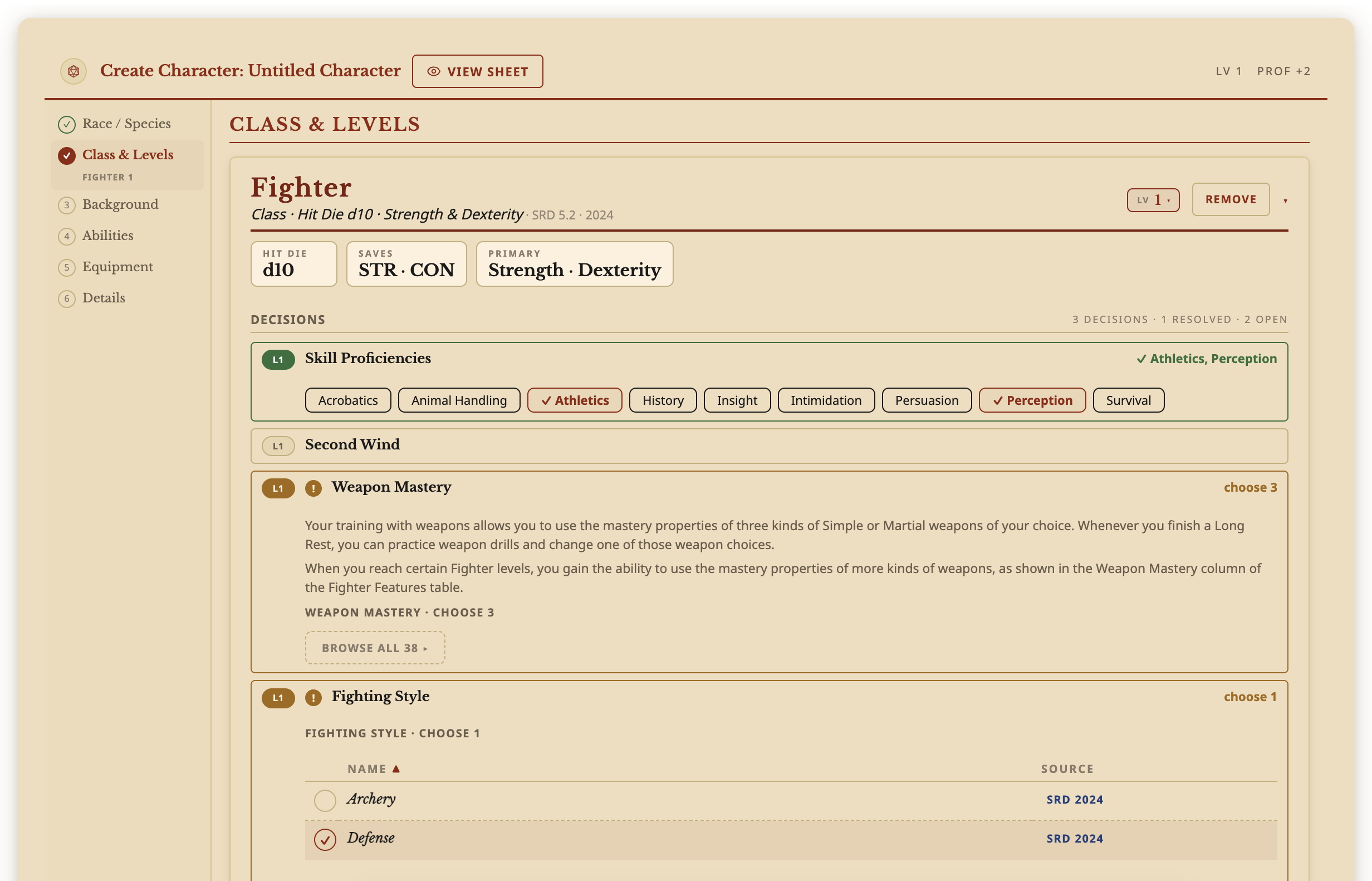 Archivist GG screenshot — The Builder on the Class & Levels step: a level 1 Fighter with skill proficiencies picked, Weapon Mastery still open and Defense chosen as the Fighting Style.