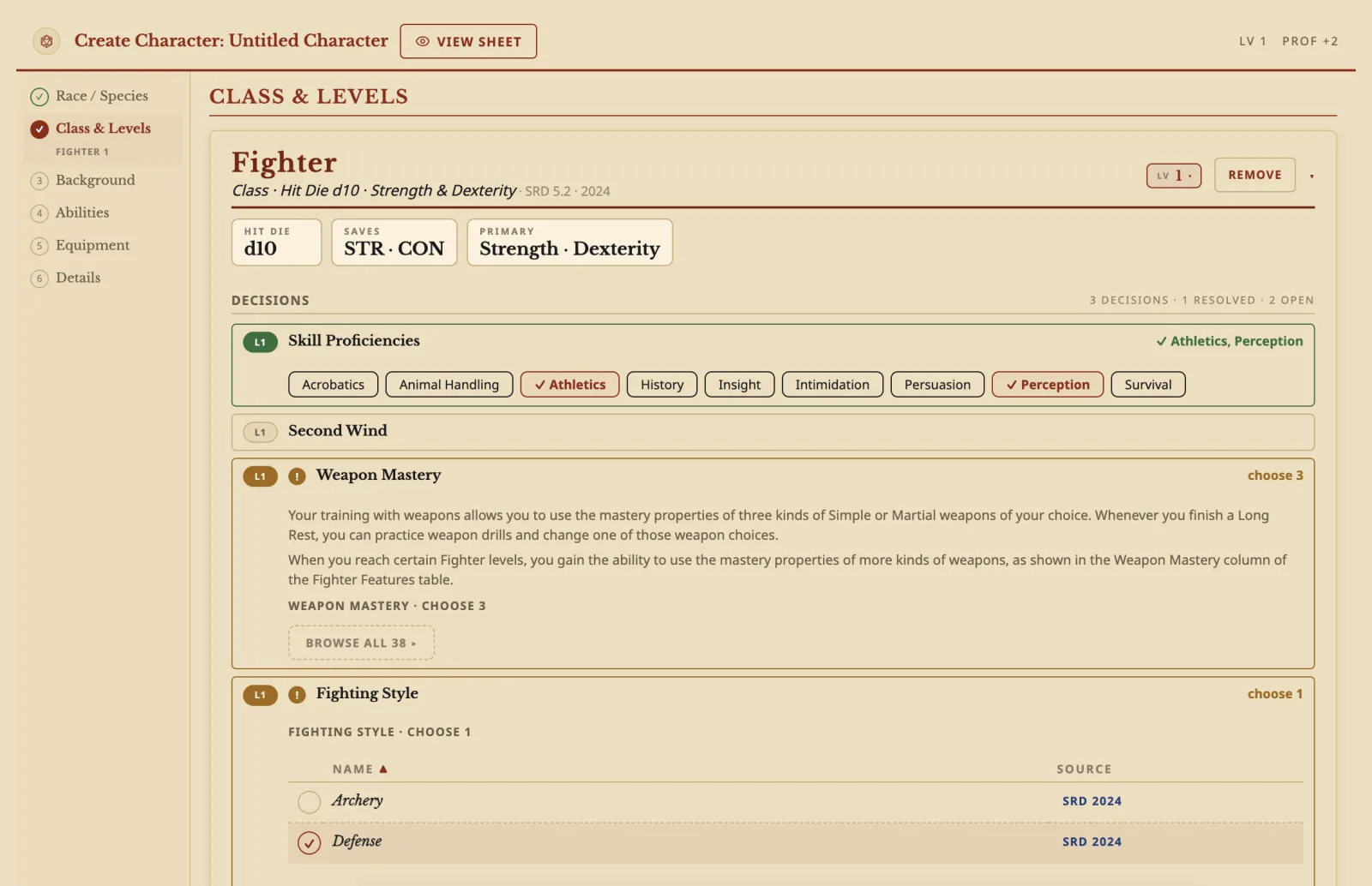 Archivist GG screenshot — The Builder on the Class & Levels step: a level 1 Fighter with Athletics and Perception picked as skills, Weapon Mastery still to choose and Defense picked as the Fighting Style.