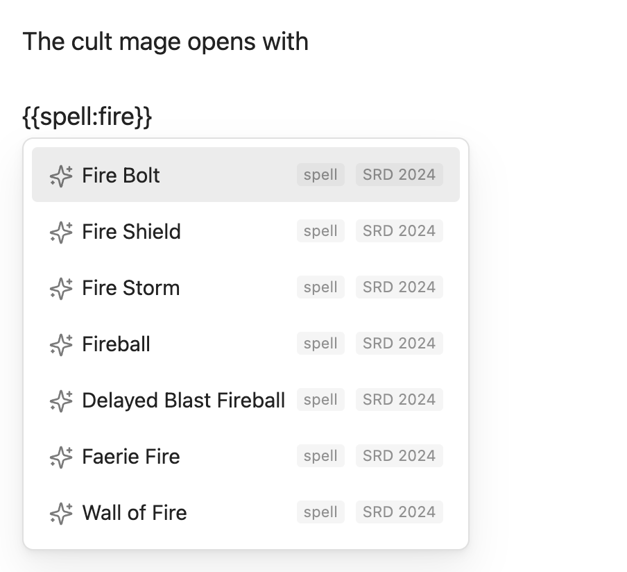 Archivist GG screenshot — Typing {{spell:fire in a note lists Fire Bolt, Fire Shield, Fire Storm, Fireball, Delayed Blast Fireball, Faerie Fire and Wall of Fire from SRD 2024.