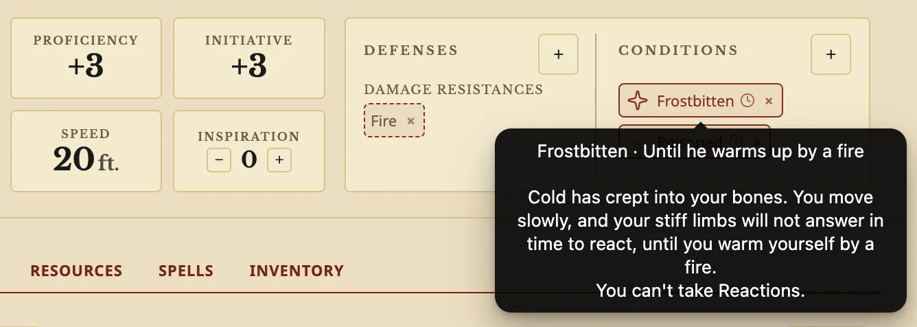 Archivist GG screenshot — A homemade Frostbitten condition on the sheet, with its note "Until he warms up by a fire" and its description in a hover: the cold slows you down and you can't take Reactions.