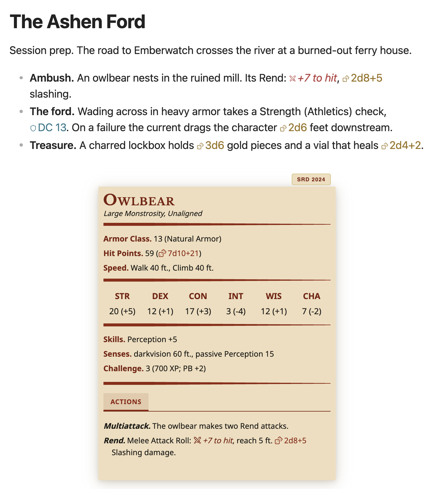 Archivist GG screenshot — A session prep note with dice buttons (+7 to hit, 2d8+5, DC 13, 2d6, 3d6, 2d4+2) and the Owlbear stat block pulled in from the SRD 2024 compendium.