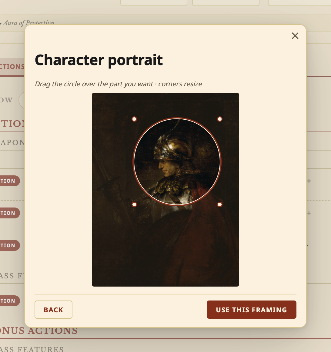 Archivist GG screenshot — The Character portrait window: a painting of a knight in armour, with the circle dragged over his helmeted head and shoulders, and the Back and Use this framing buttons.