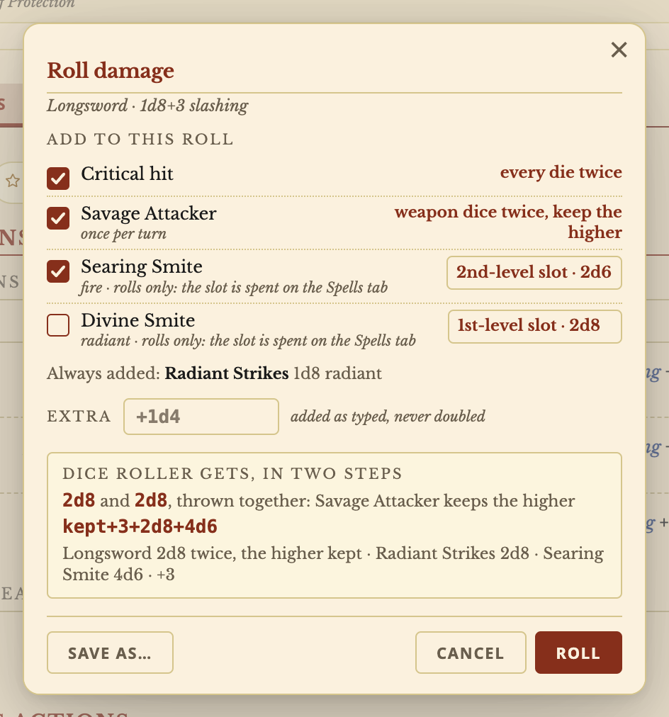 Archivist GG screenshot — The Roll damage window for a Longsword with Critical hit, Savage Attacker and a 2nd-level Searing Smite ticked, showing the whole roll before it is made.