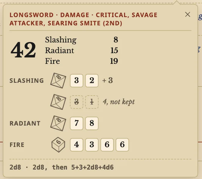 Archivist GG screenshot — A critical Longsword hit with Savage Attacker and a 2nd-level Searing Smite: 42 damage, split into Slashing 8, Radiant 15 and Fire 19, with every die shown and the Savage Attacker dice that were not kept struck through.