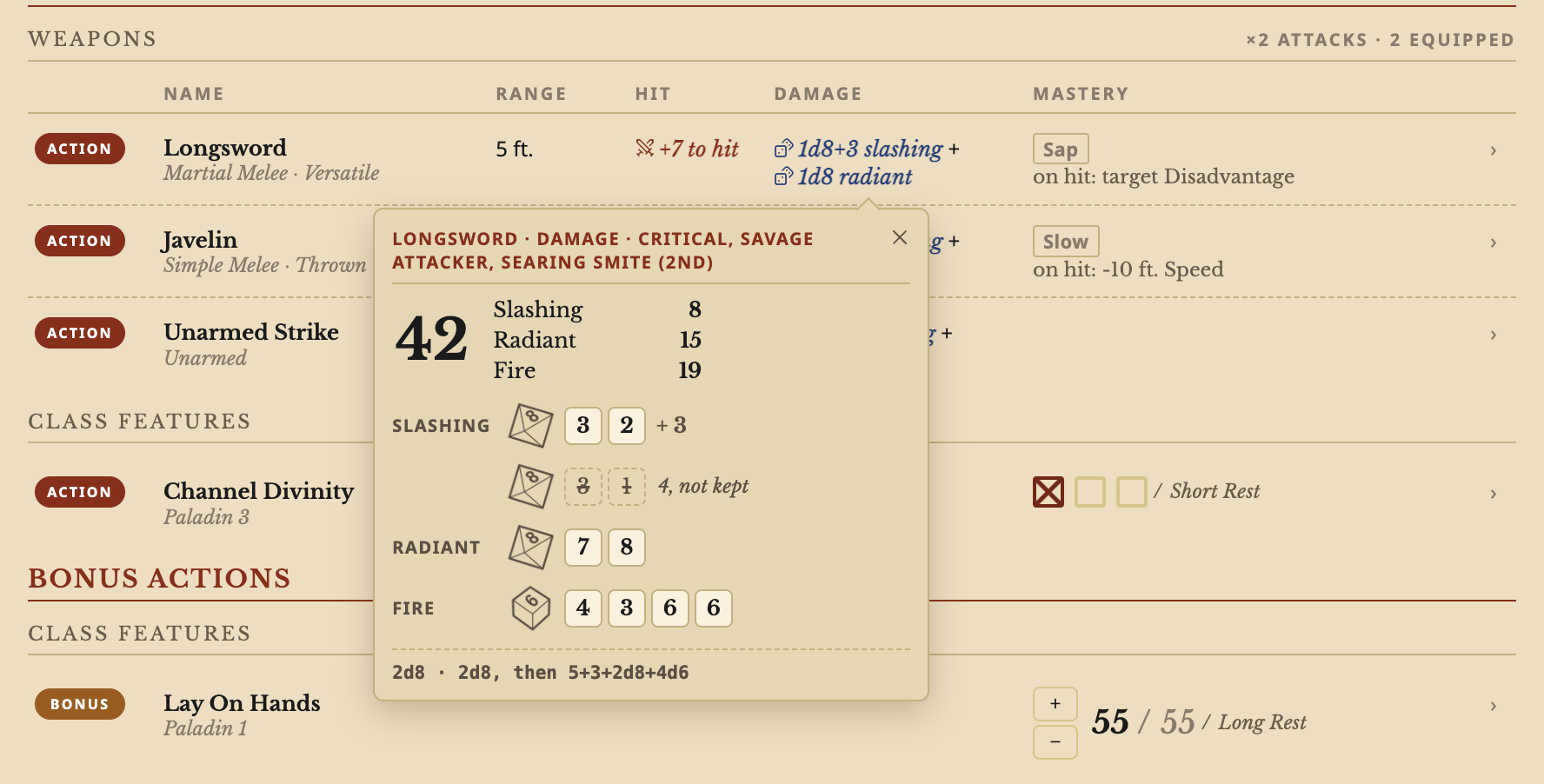 Archivist GG screenshot — A critical Longsword hit with Savage Attacker and Searing Smite: 42 damage, split into Slashing 8, Radiant 15 and Fire 19, with every die shown and the Savage Attacker dice that were not kept struck through.