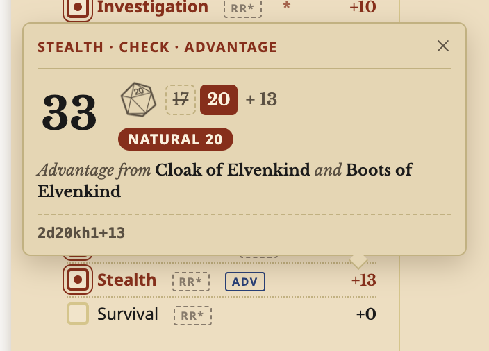Archivist GG screenshot — A Stealth check rolled with advantage: 33, with a natural 20 kept and a 17 struck through, and the advantage coming from Cloak of Elvenkind and Boots of Elvenkind.