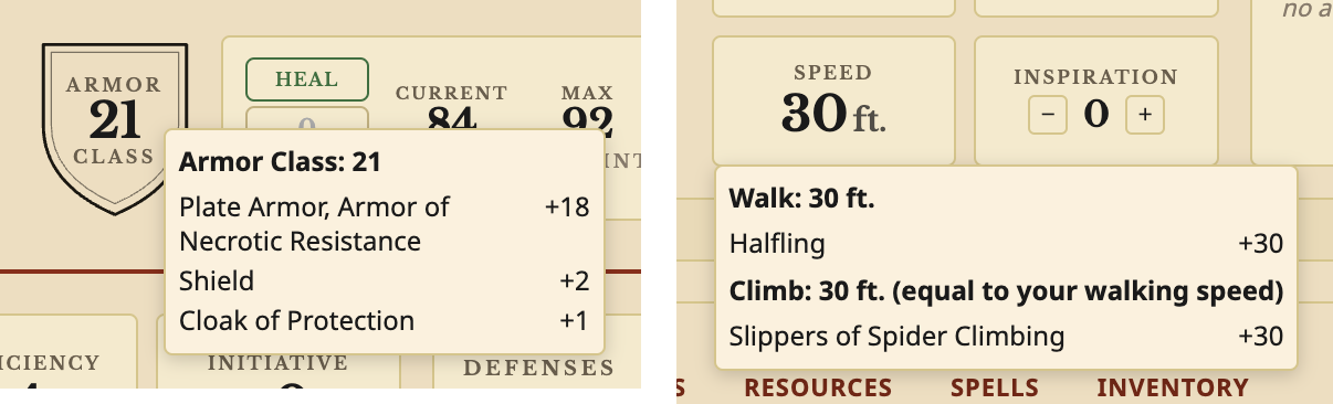 Archivist GG screenshot — Hovering Armor Class and Speed on the sheet. Armor Class 21 adds up Plate Armor (Armor of Necrotic Resistance) +18, Shield +2 and Cloak of Protection +1. Speed shows a walking speed of 30 ft. from Halfling and a climbing speed of 30 ft. from Slippers of Spider Climbing.
