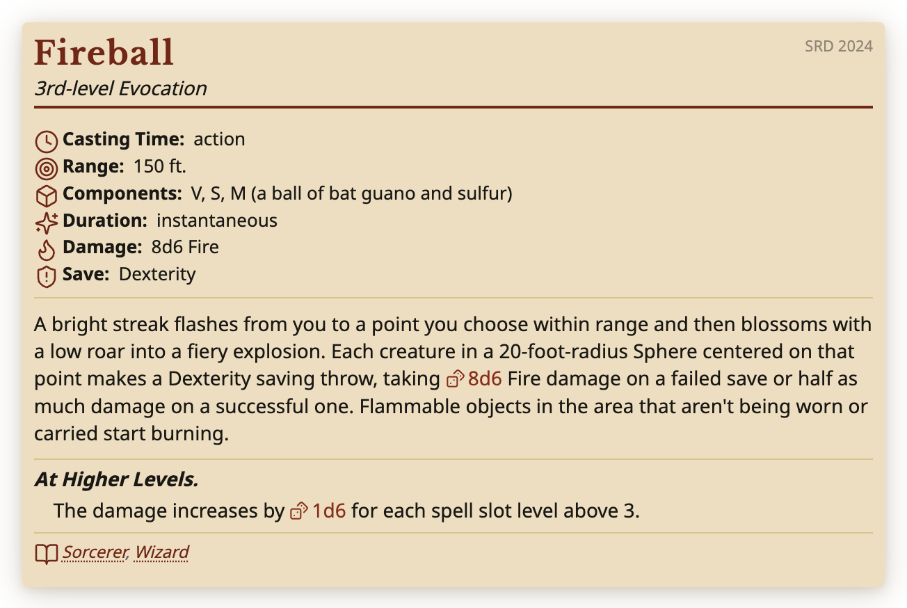 Archivist GG screenshot — The Fireball spell block: casting time, range, components, duration, damage and save, the description with a clickable 8d6, At Higher Levels and links to the Sorcerer and Wizard classes.