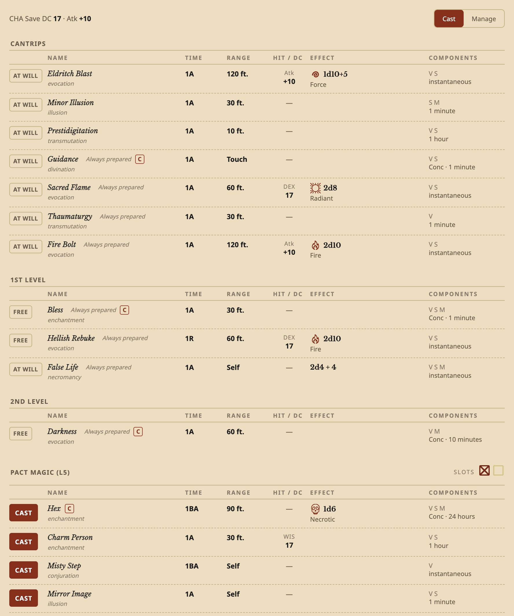 Archivist GG screenshot — The Spells tab of a level 9 Warlock: spell save DC 17 and spell attack +10, cantrips with their attack and damage, free and at-will spells and Pact Magic with its slot boxes and CAST buttons.