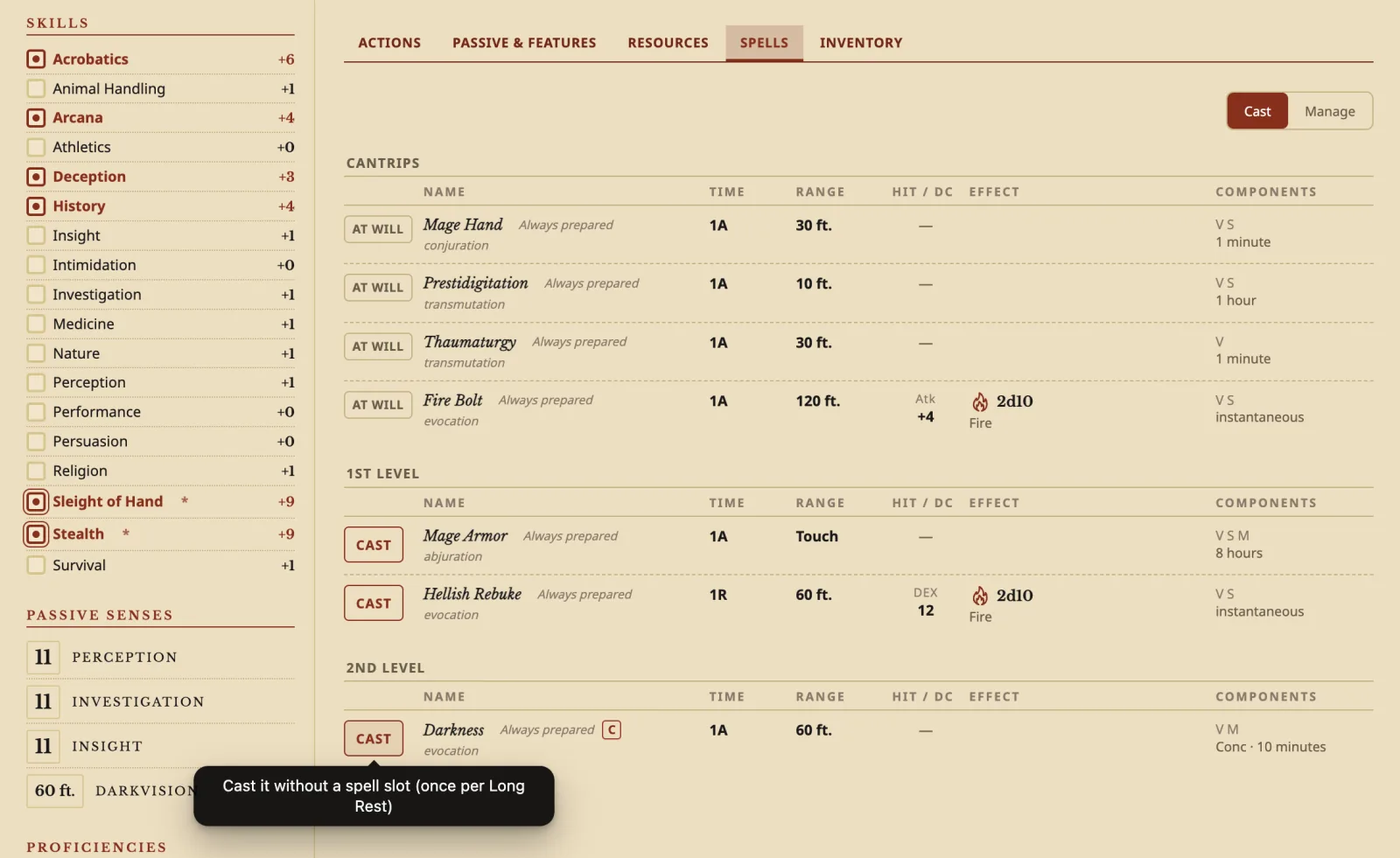 Archivist GG screenshot — The Spells tab: Mage Hand, Prestidigitation, Thaumaturgy and Fire Bolt as cantrips you cast at will, Mage Armor and Hellish Rebuke at 1st level, Darkness at 2nd level and a hover over a free cast that reads "Cast it without a spell slot (once per Long Rest)".