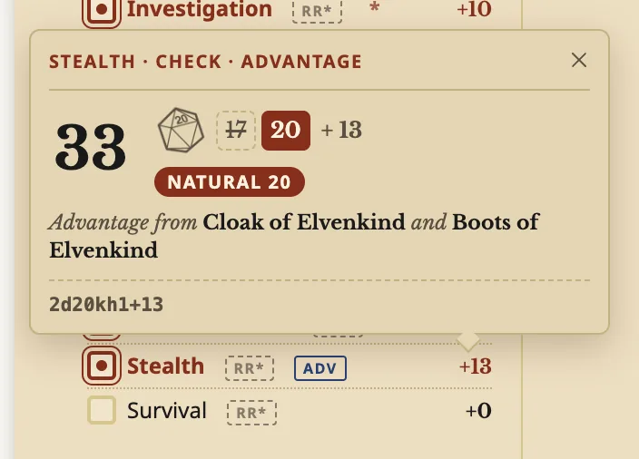 Archivist GG screenshot — A Stealth check rolled with advantage: 33, with a natural 20 kept and a 17 struck through, and the advantage coming from Cloak of Elvenkind and Boots of Elvenkind.
