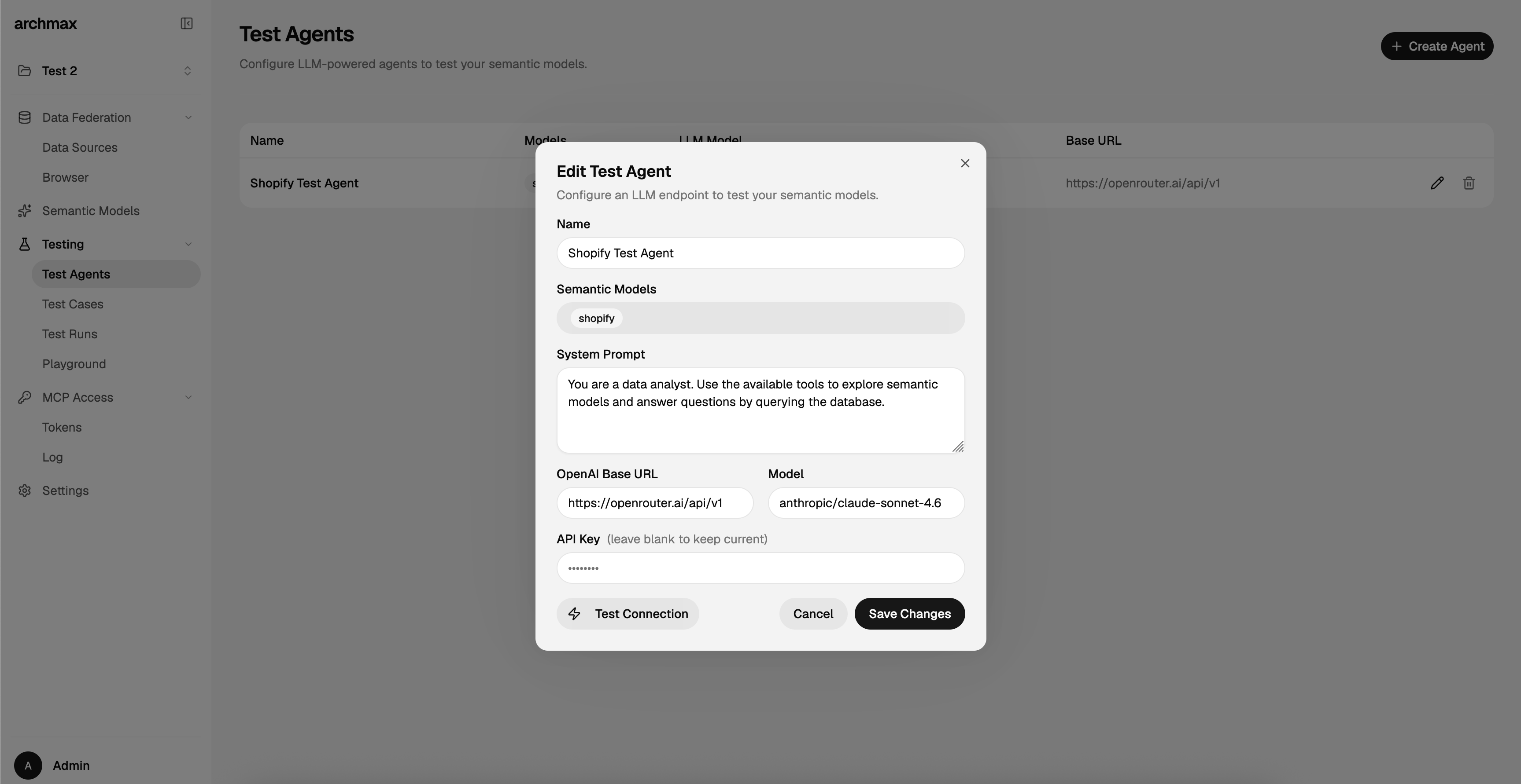 Test agents configuration