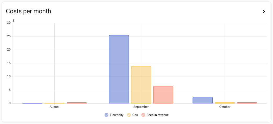 Electricity costs, gas costs and feed-in revenue per month