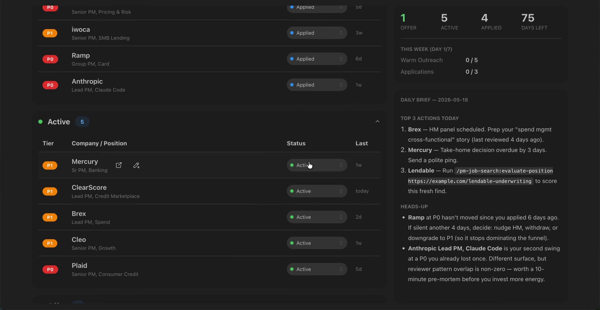 pm-job-search dashboard — applications grouped by status, weekly stats, and the latest daily brief in one view (example data)