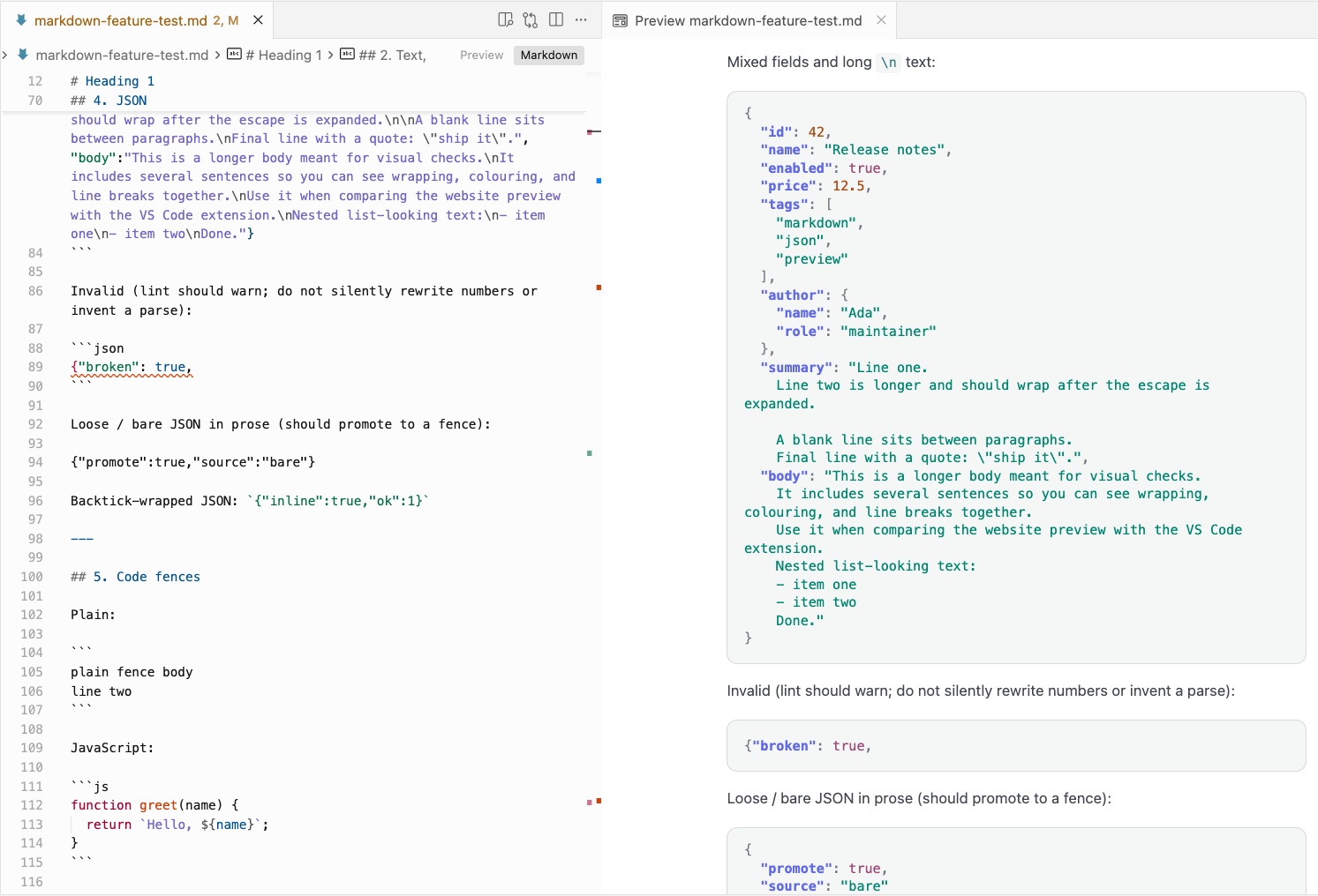 Formatted JSON wrapping cleanly in the MyMarkdown preview