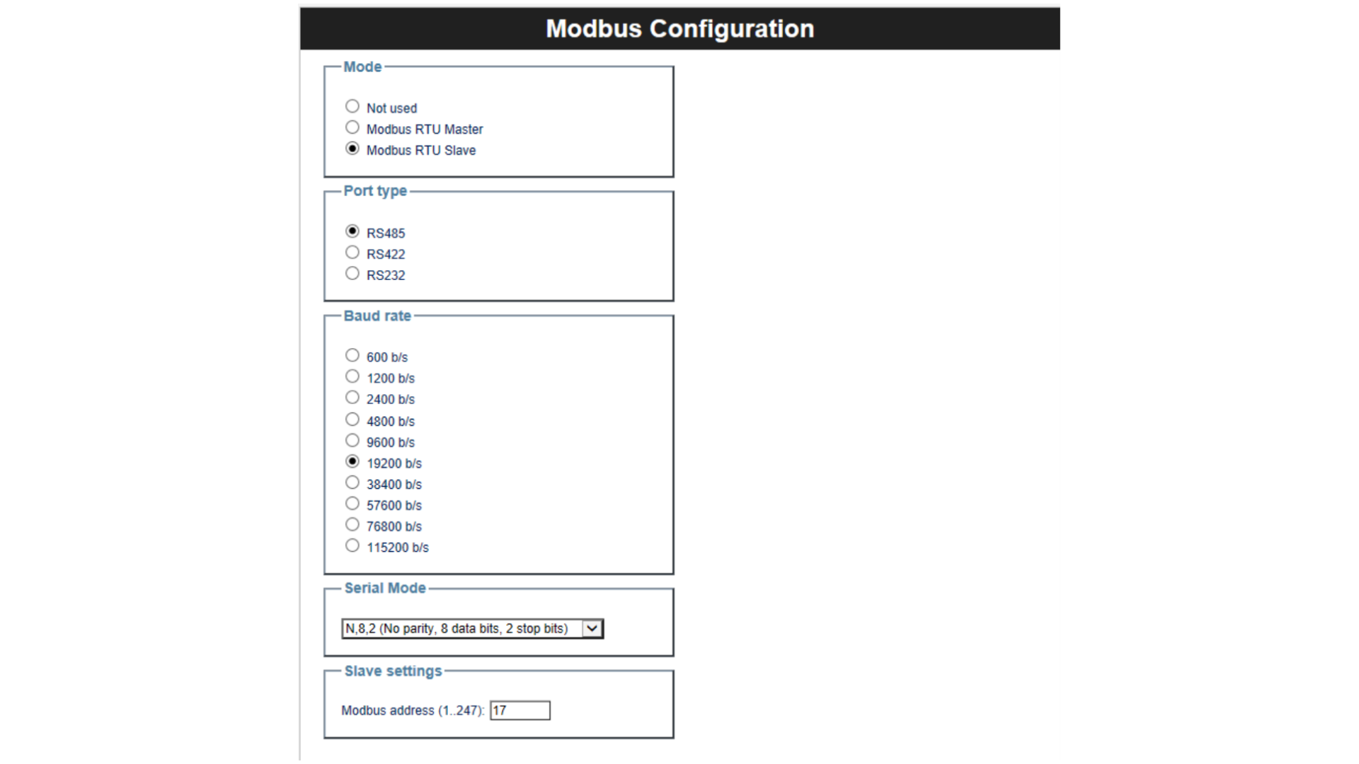 Modbus Slave (Server) Configuration