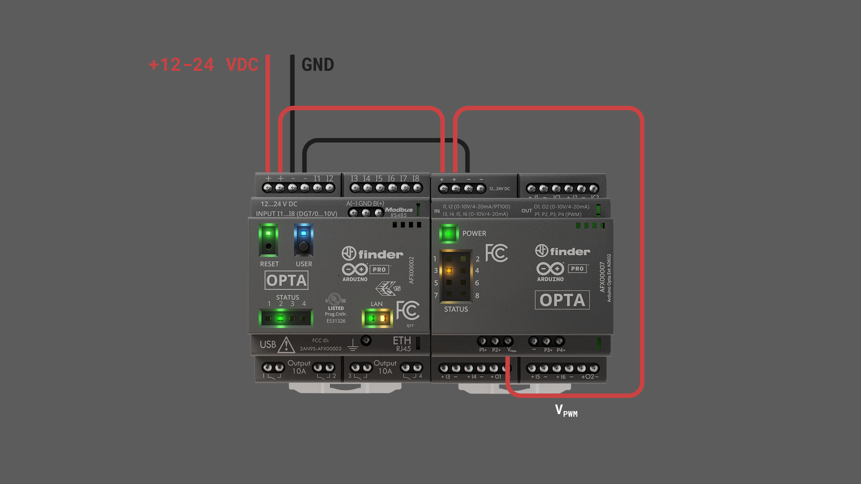 Example of wiring to use the PWM outputs using Opta power voltage as **V<sub>PWM</sub>** as voltage reference