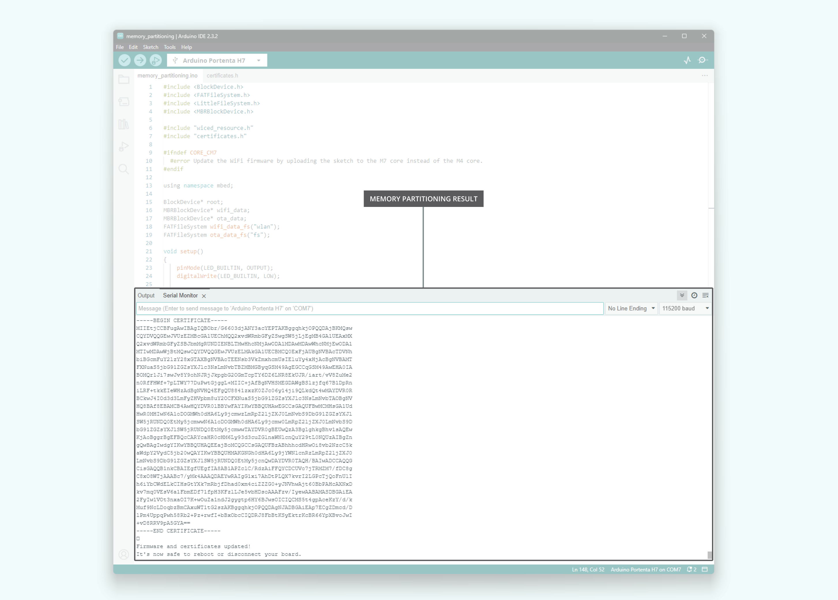 Memory partitioning results of the Portenta Machine Control as shown in the Arduino IDE's Serial Monitor