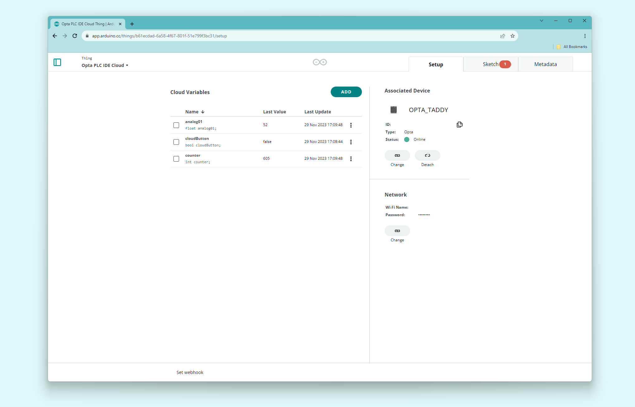 Arduino Cloud Thing and Cloud variables for Opta™