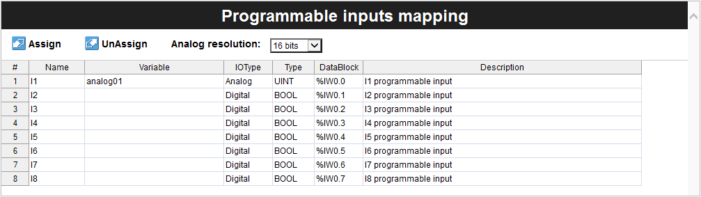 PLC IDE - Programmable inputs mapping table