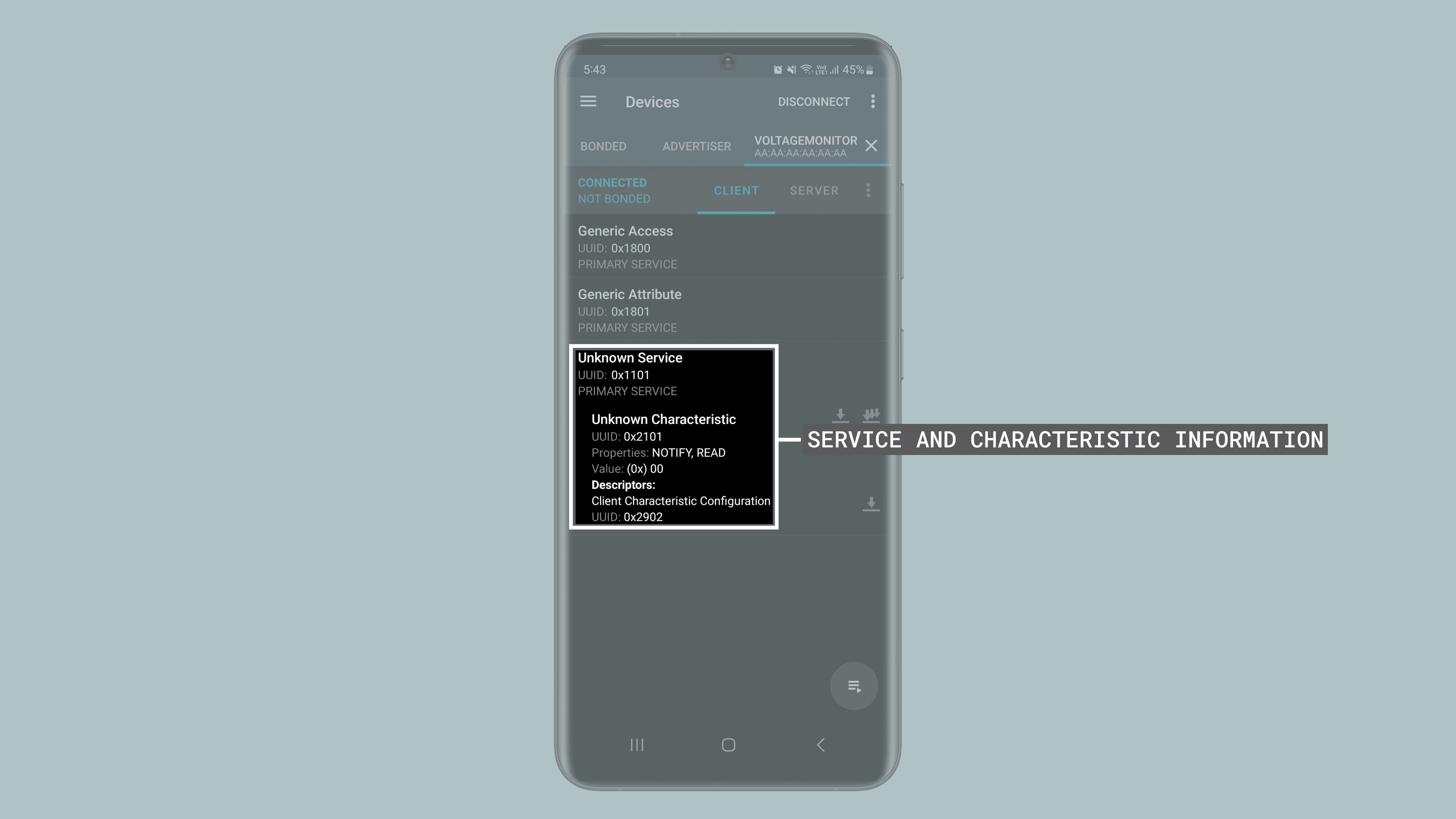Bluetooth® Low Energy service and characteristic information from an Opta™ device