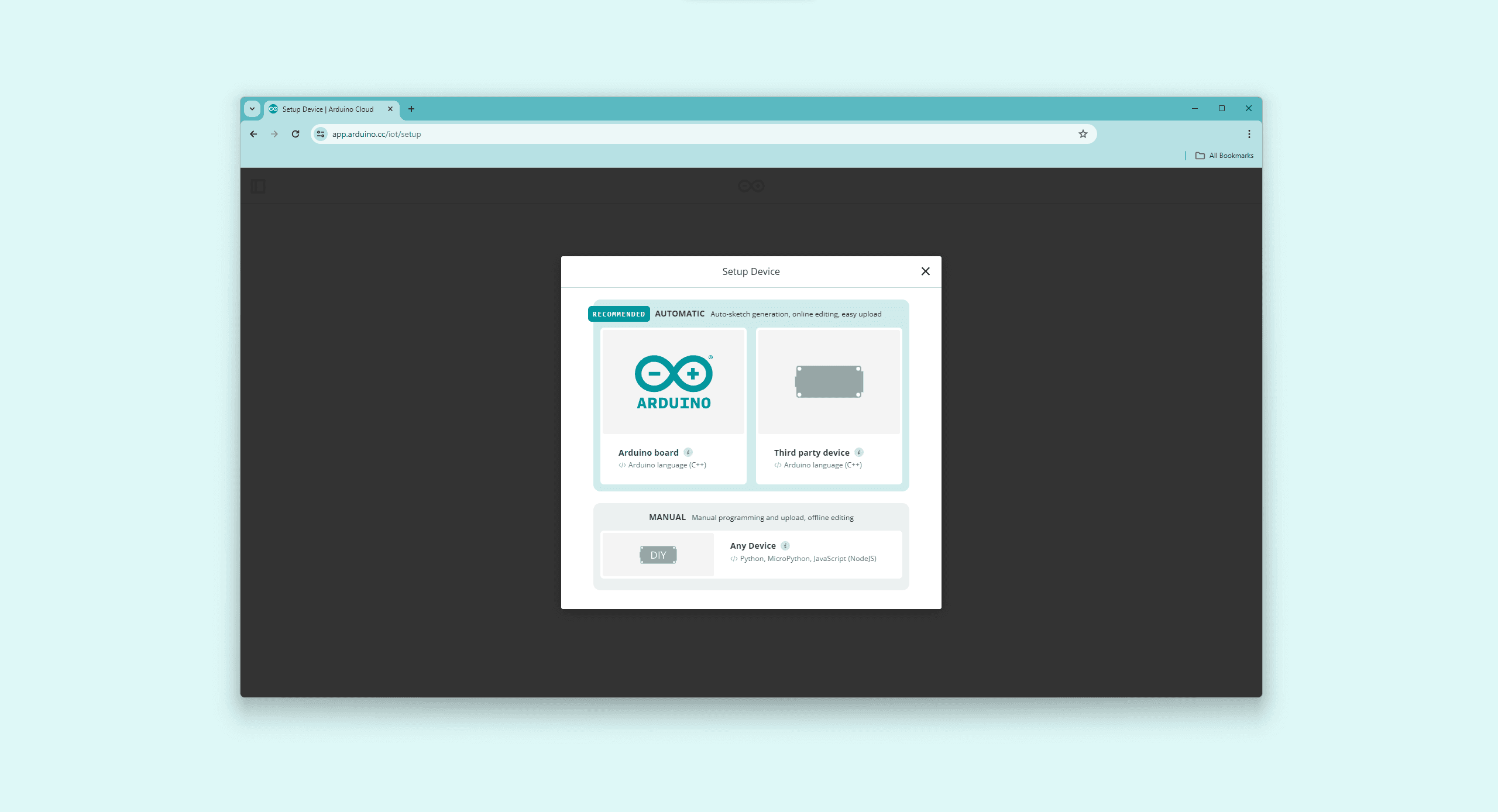 IoT Cloud Setup Device pop-up window