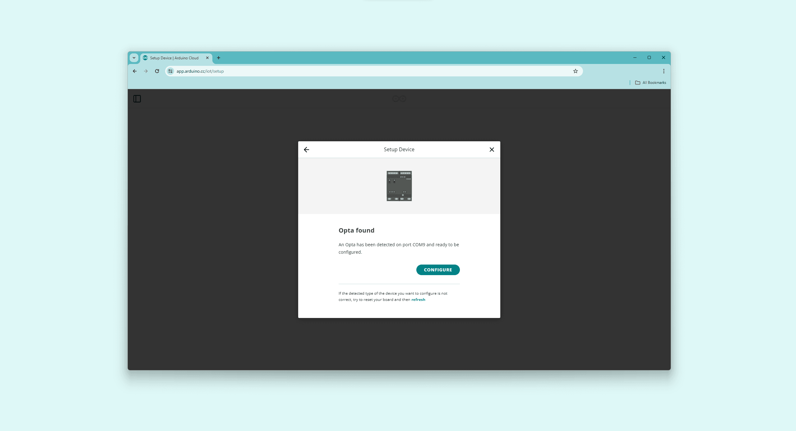 IoT Cloud Setup Device pop-up window