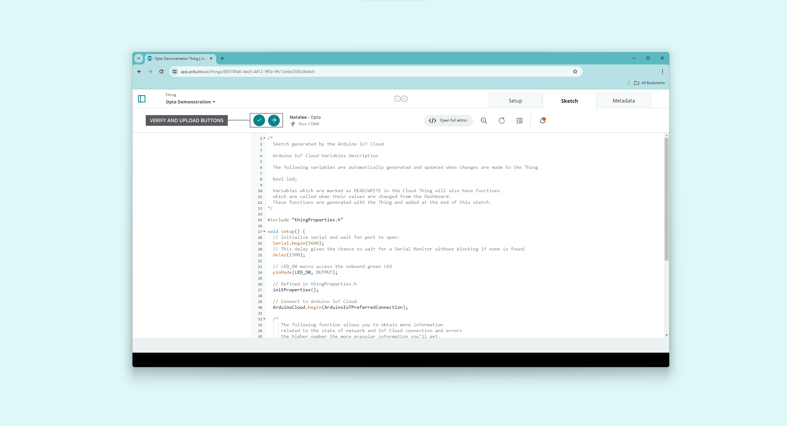 Uploading a sketch to the Opta™ in the Arduino IoT Cloud