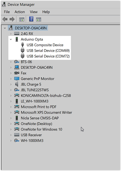 Arduino Opta ports in Device Manager.