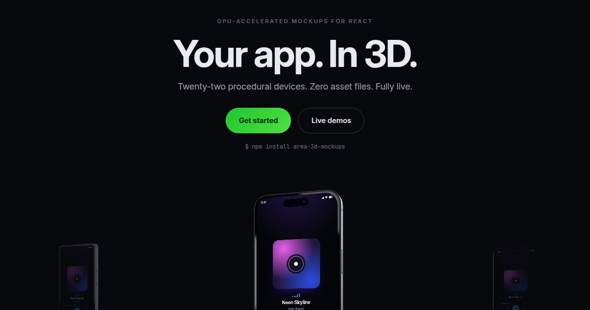 A 3D iPhone mockup with a live music-player UI on its screen, flanked by two more devices