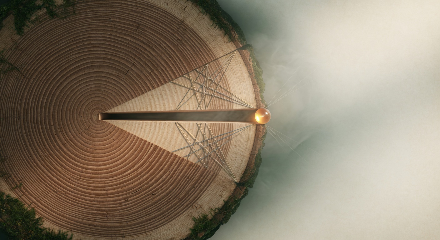 Cross-section of a cared-for ancient tree trunk at first light: precise growth rings, one clean radial extraction mark (plan hygiene), delicate geometric lattice threads emerging from the cut, and a single warm amber resin bead at the boundary — the visual symbol of long-term ethical stewardship and careful buildership for agent-operated repositories.