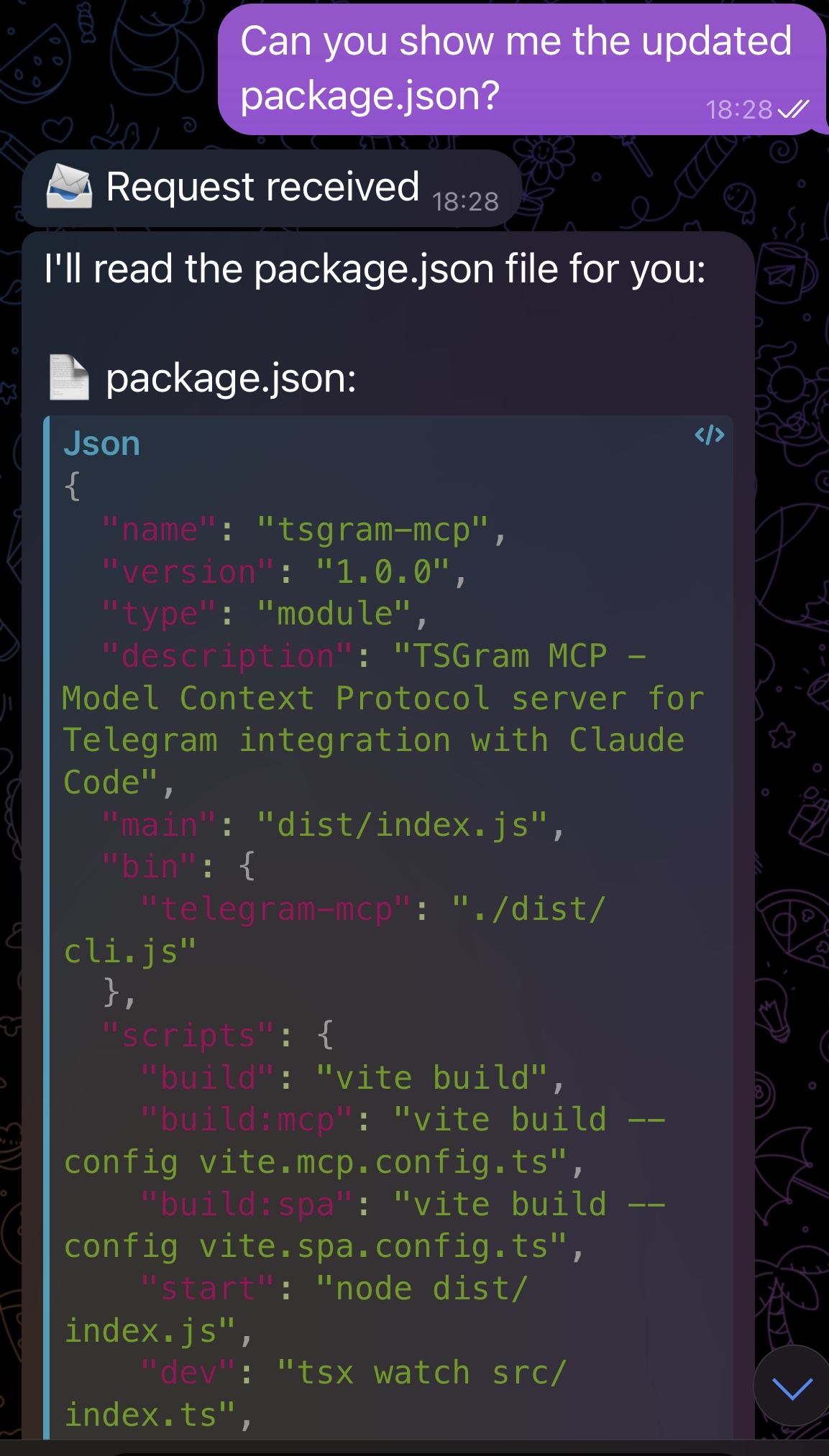 TSGram in action - viewing package.json