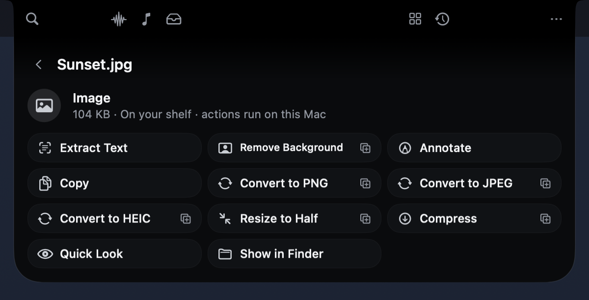 Actions for Sunset.jpg: Extract Text, Remove Background, Annotate, Copy, Convert to PNG, JPEG and HEIC, Resize to Half, Compress, Quick Look and Show in Finder, with a line saying actions run on this Mac.