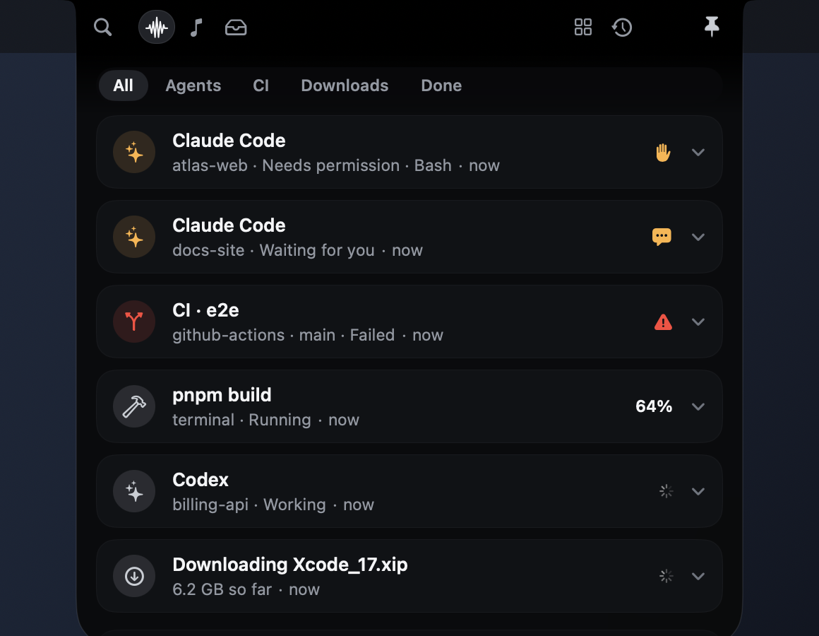 The activity stack: Claude Code needing permission, a second Claude session waiting, a failed CI run, a build at 64%, Codex working, and an Xcode download with its size so far.