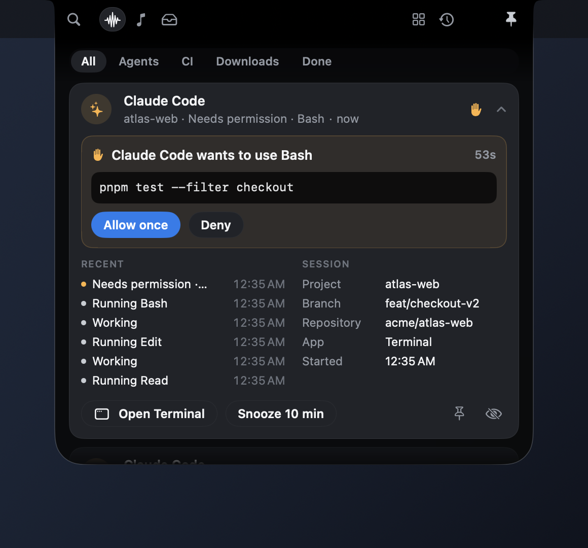 An open Claude Code card: 'Claude Code wants to use Bash', the command 'pnpm test --filter checkout', Allow once and Deny buttons with a 53-second countdown, then the session's recent steps beside its project, branch, repository and app.