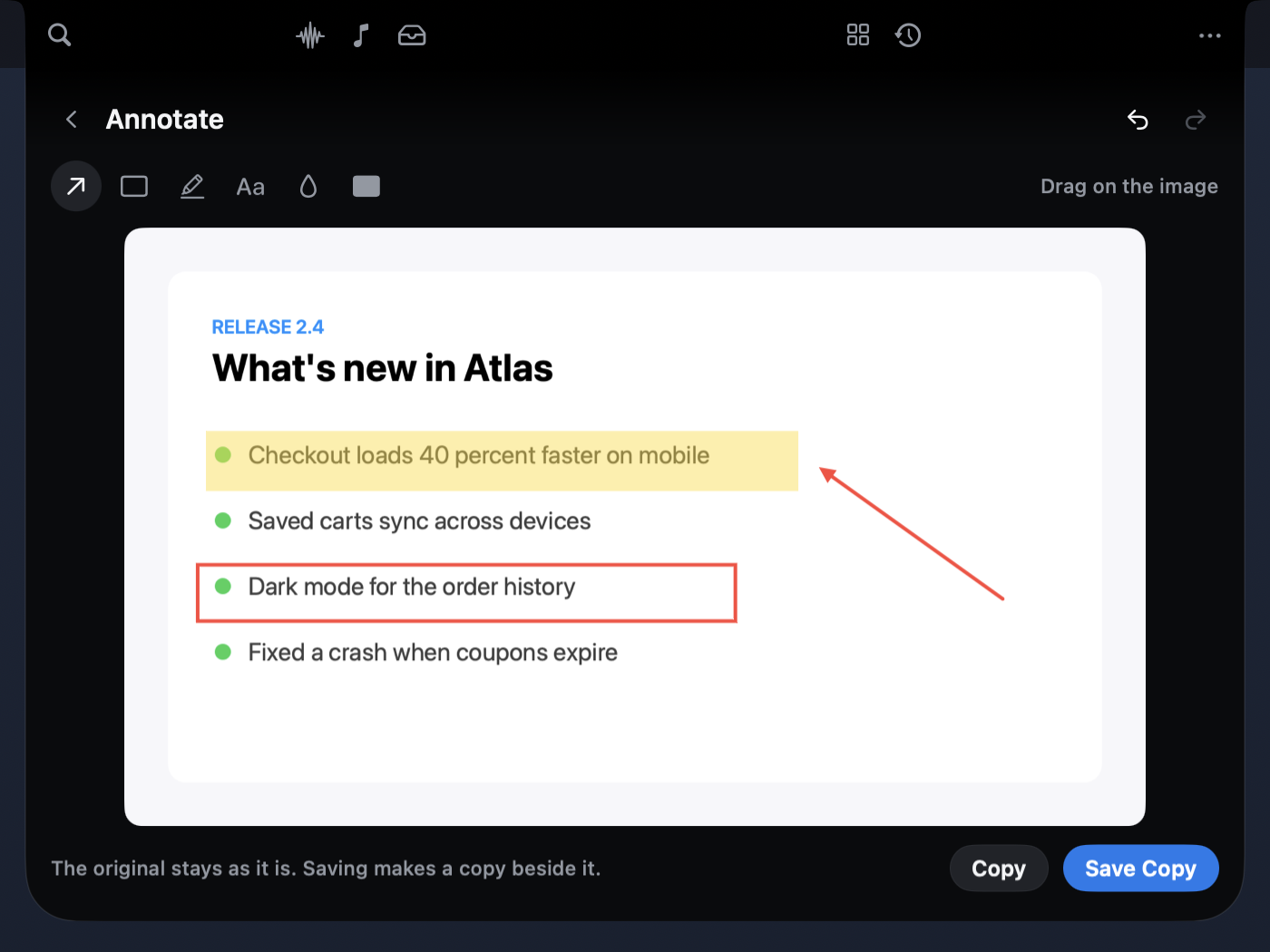 The annotation editor in the notch: a highlighted line, a red box and an arrow on a screenshot of release notes, with Copy and Save Copy.
