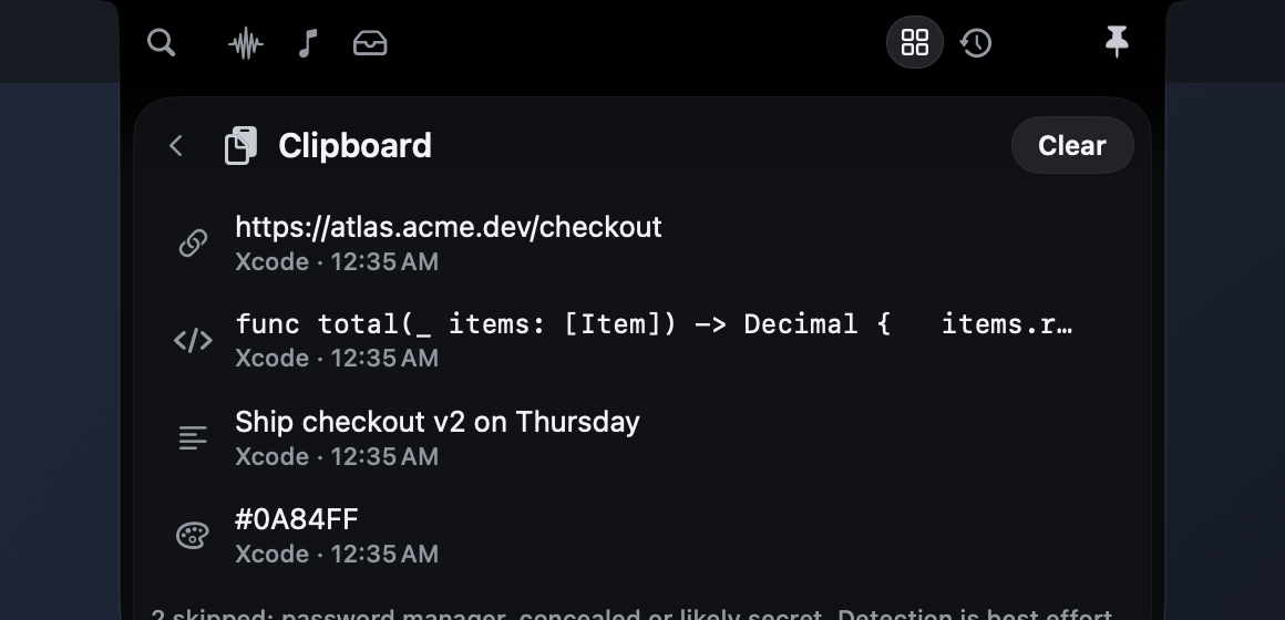 Clipboard history with a link, a code snippet, a note and a colour, and a line saying two items were skipped as password-manager or likely-secret copies.