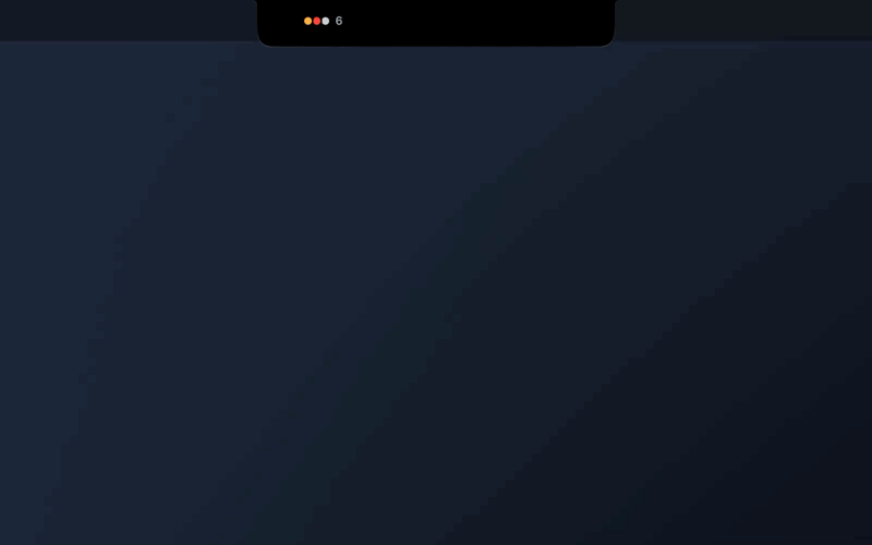 The notch at rest with three status dots grows into a compact preview, then into a full workspace listing agents, a failed CI run, a build and a download, and retracts back into the notch.