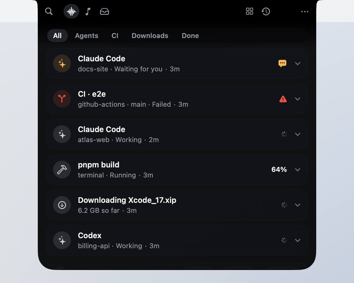 On a light wallpaper, the black notch grows straight down into a workspace listing six activities.